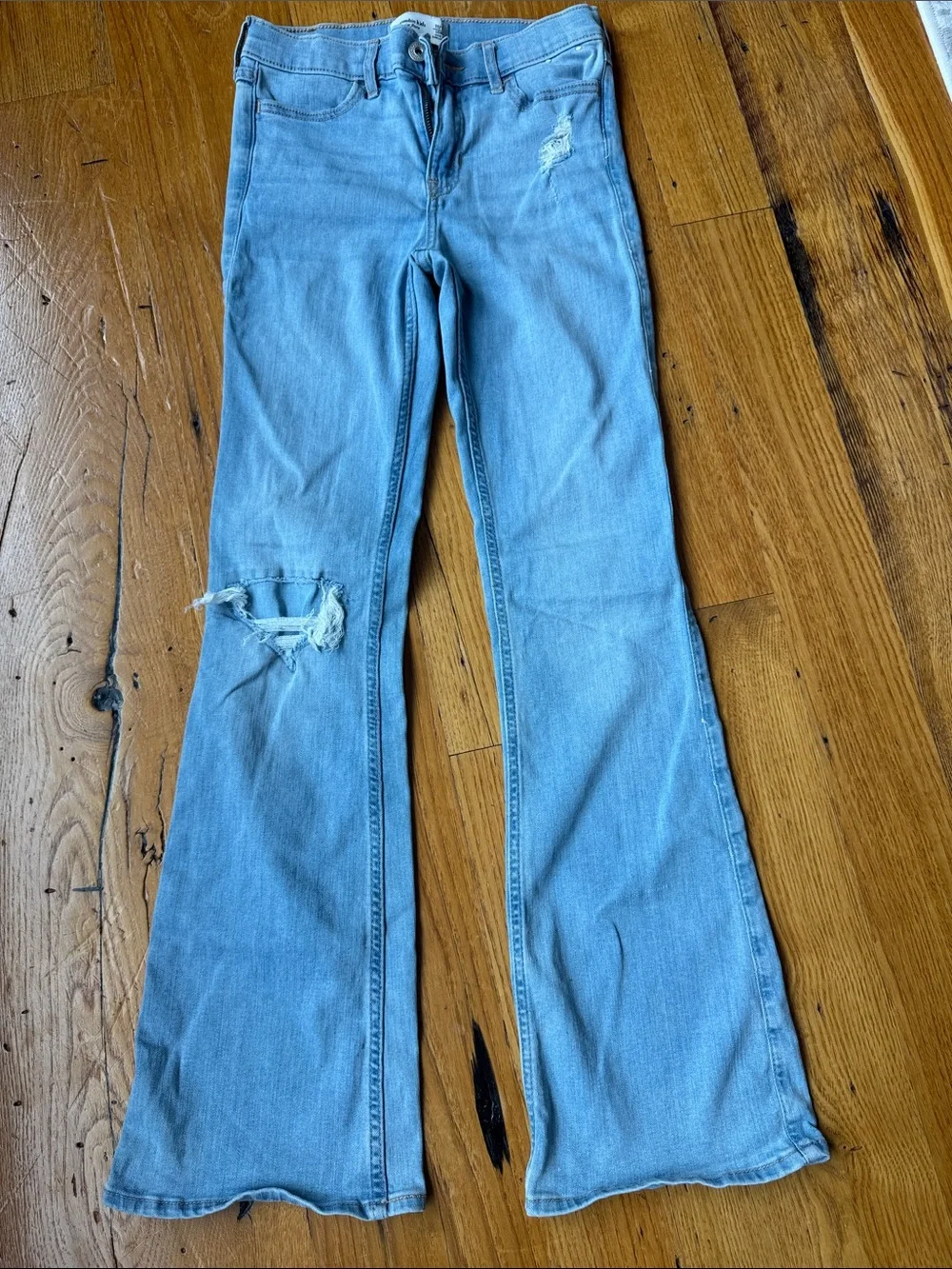 abercrombie kids Light Blue Flare Jeans with Knee Distress